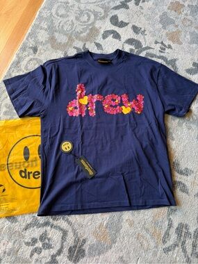 drew house adult Navy Tee with Pink & Yellow Floral 'drew' Logo